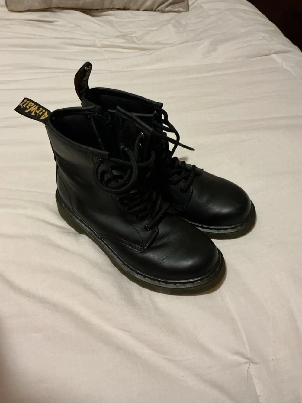 Dr. Martens Kids Black Leather Lace-Up Boots with Yellow Stitching